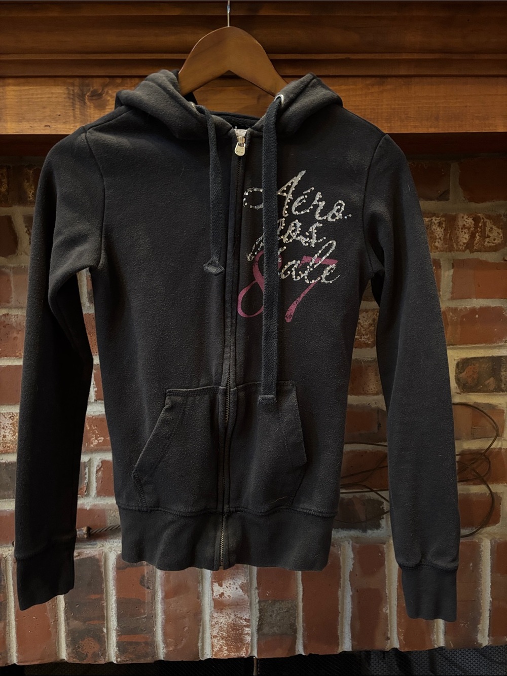 Aeropostale Black Zip-Up Hoodie with Pockets and Angel Wings on Back